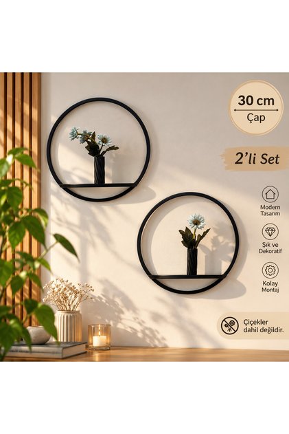 2’li Siyah Çember Çiçeklik | Modern Dekoratif Metal Duvar Çiçekliği