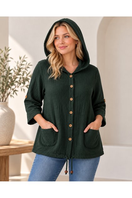 Women's Hooded Buttoned Double Pocket Muslin Jacket, Size 36/46