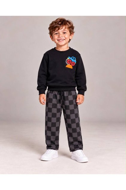Boys' 3-Thread Cotton Tractor Printed Sweatshirt Checked Tracksuit Set