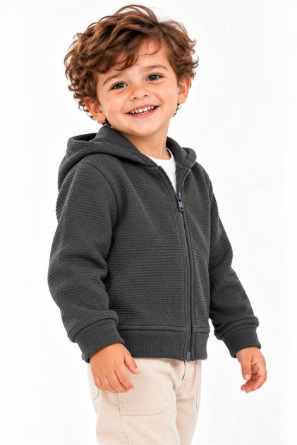 Erkek Bebek Waffle Kumaş Eşofman Üstü %100 Pamuk Kapüşonlu Fermuarlı Sweatshirt