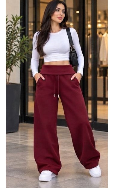 Trend Back Double Pocket Belted Waistband Foldable Waist Detail 3-Striped Palazzo Sweatpants with Cuff Stoppers
