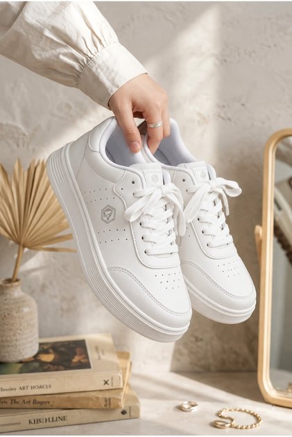 Women's White Lace-Up Thick Sole Casual Sports Shoes Sneaker