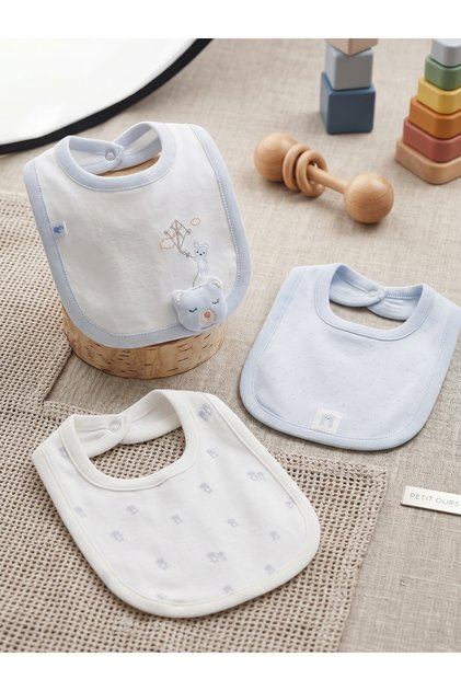 Set of 3 100% Cotton Baby Bibs - Blue Teddy Bear Patterned with Snap Fasteners for Newborns (0-3 Months)