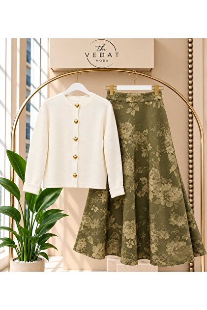 Women's Heart Buttoned Knitwear Cardigan - Patterned Scuba Skirt Set -0500