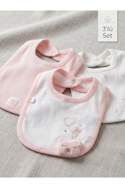 3'lü Set %100 Pamuk Bebek Mama Önlüğü - Pembe Ayıcık Desenli Çıtçıtlı Yenidoğan (0-3 Ay)