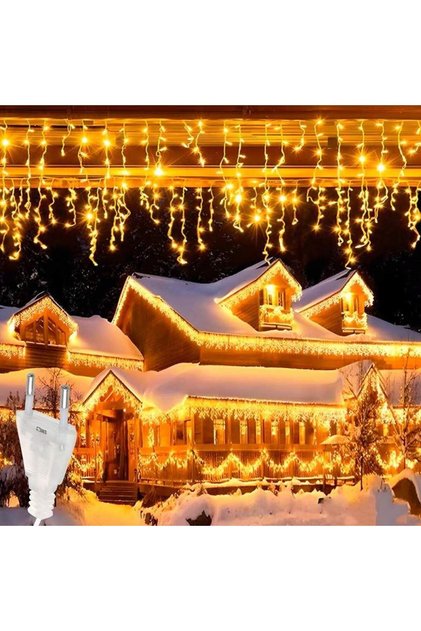 Luminițe de Crăciun tip țurțuri, Ghirlandă curgătoare, 12 m, 300 LED-uri, 8 moduri de iluminare, Franjuri, Pentru exterior/interior, Cablu alb, Interconectabile, Alb cald