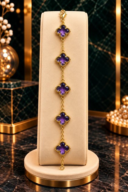 Katre Bijuteri Gold Renk Kristal Taşlı Yonca Model Zarif Kadın Bileklik