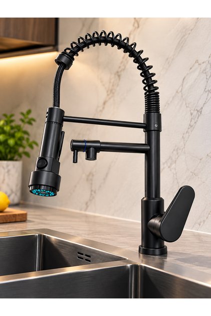 Baterie de bucătărie profesională Sanit D0097, negru mat, cu două guri de scurgere, duș extractibil, 2 funcții, înălțime 49 cm