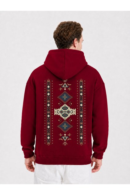 Traditional Patterned Oversize Sweatshirt Hoodie Unisex 3 Threaded Yarn