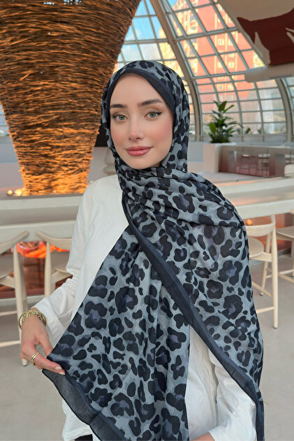 Leopar Desen Pamuk Crash Füme Şal