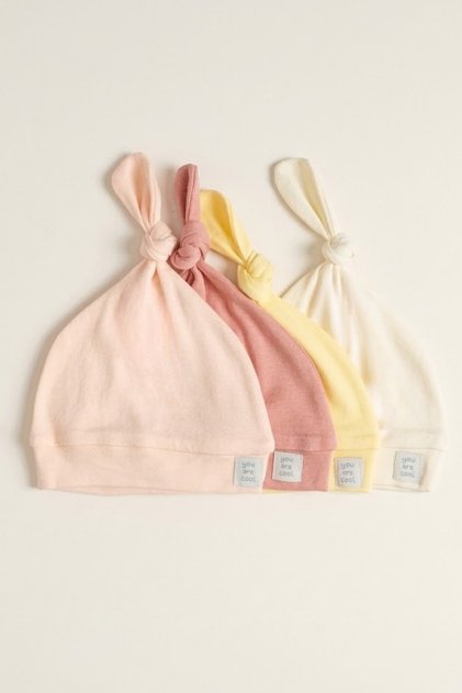 Unisex Baby 100% Cotton Interlock Knotted Hat with Written Label, Set of 4, 0-6 Months