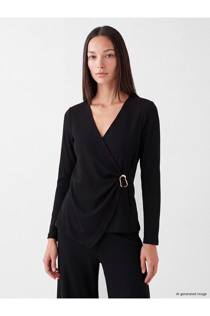 Alita City Farkıyla Lcw Everyday Black Diving Fabric Plain Double Breasted Long Sleeve Women's Blouse