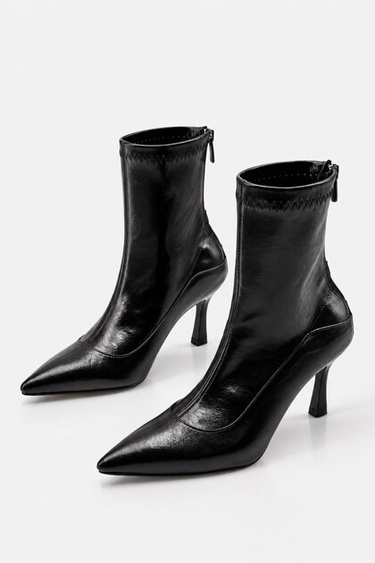 Klara Women's Black Shiny Pointed Toe Thin Stiletto Heeled Short Boots with Back Zipper 8 cm Heel