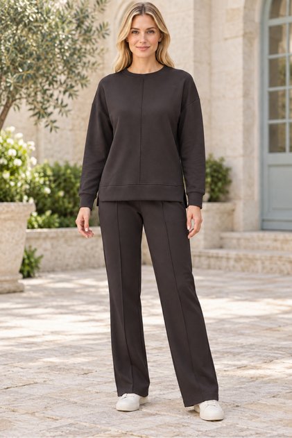 Women's Long Sleeve Off Shoulder Round Neck Woven Detail Lycra Pocket Slit Elegant Soft Textured Stylish Casual Brown Sweatshirt Pants Two Piece Set
