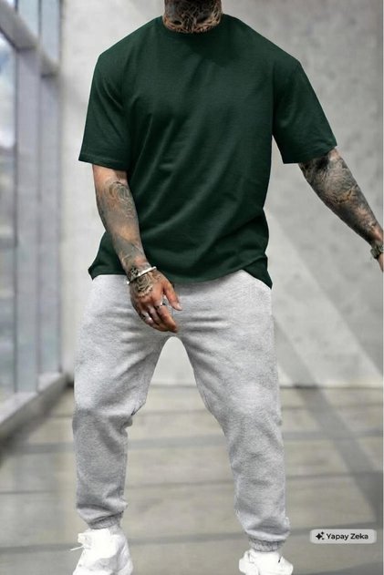Men's Dark Green T-Shirt Gray Summer Tracksuit Bottom Top Set