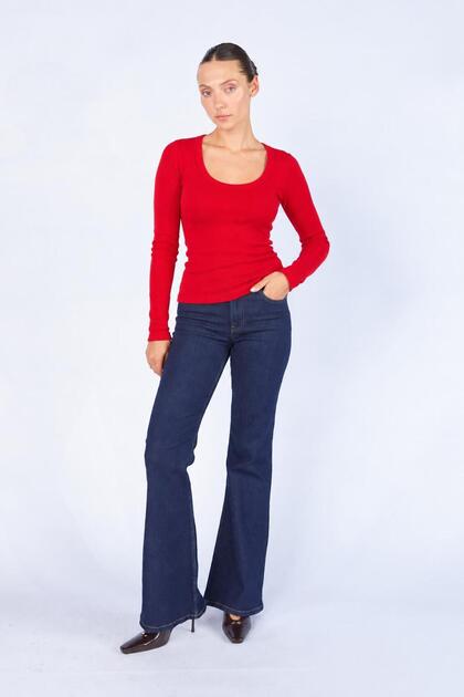 Women's Red Open Collar Long Sleeve Ribbed Bodysuit