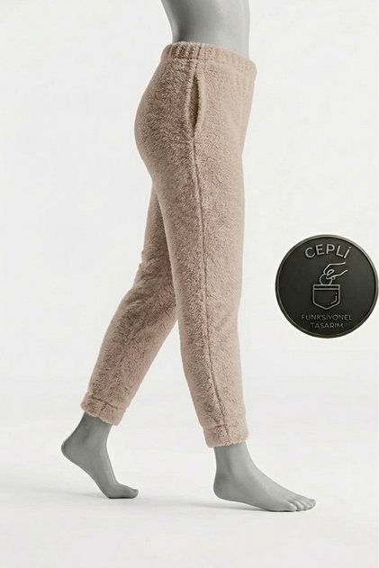 Kadın Kışlık Peluş Pijama Altı Cepli Yumuşak Sıcak Tutan Eşofman Altı Ev Pantolonu - pofcepli