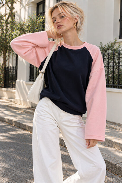 Women's Pink Navy Blue Raglan Sleeve Cotton Oversize Sweatshirt