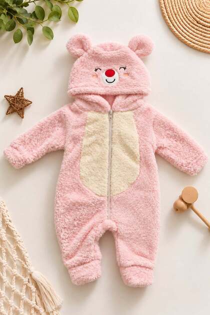 Baby girl romper teddy bear hooded plush zippered welsoft one-piece jumpsuit 0-3-6-9-12 months