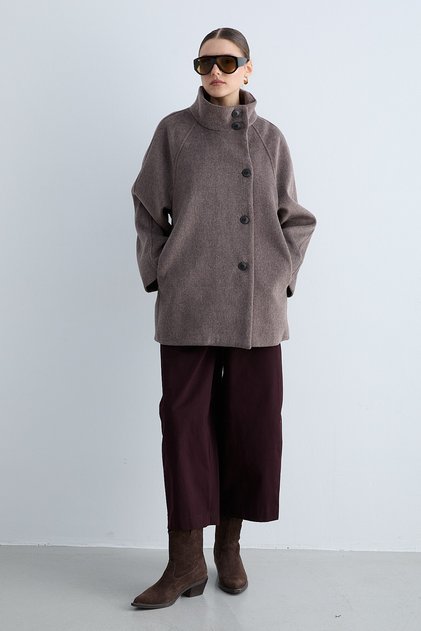 Women's Stand Collar Buttoned Oversize Coat Wide Sleeves Pocket Detailed Short Winter Coat -Mocca