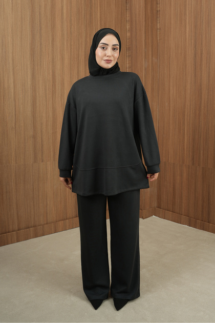 Women's Black Draped Two-Piece Set - Crew Neck Oversize Tunic Pantalon Hijab Set