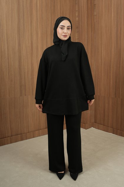 Women's Black Draped Two-Piece Set - Crew Neck Oversize Tunic Pantalon Hijab Set