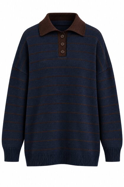 Navy Blue Brown Striped Polo Collar Sweater - 2Y1510