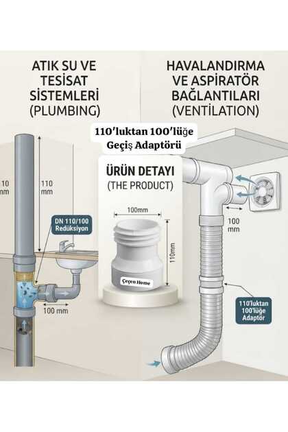 110'luktan 100'lüğe Redüksiyon – PVC Plastik Boru Çap Düşürücü Geçiş Adaptörü, Tesisat ve Aspiratör Havalandırma Bağlantı Parçası