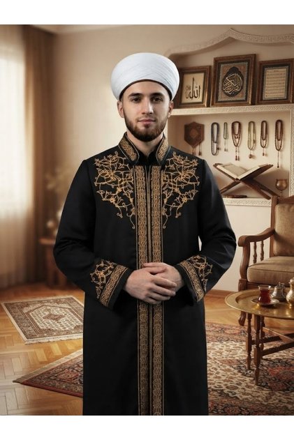 Black Color Gold Embroidered Imam Cübbe / Hatip Cübbe / Mevlid Cübbe