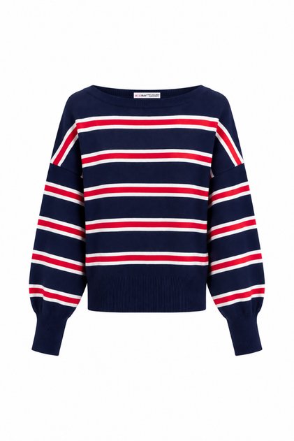 6988 Women's Asymmetrical Rib Cut Boat Neck Knitwear Sweater Navy Blue