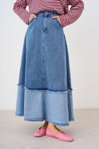 Women's Double Pocket Tassel Detail Denim Skirt Blue