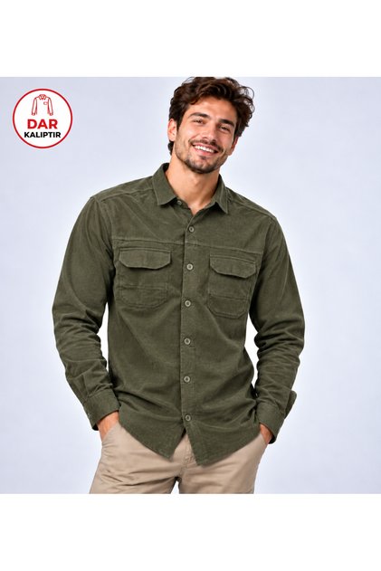 Erkek Kadife Slim Fit Uzun Kollu Çift Cepli Gömlek