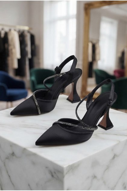 Daniella Women's Heeled Shoes with Cross Straps and Stones in Black Satin
