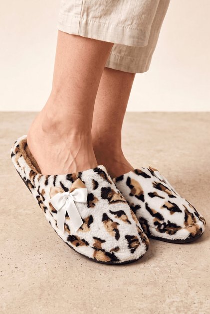 Women's Leopard Patterned Soft Plush House Slippers with Bow Detail