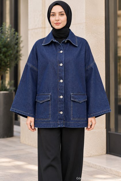 Oversize Cep Detaylı Tesettür Denim Ceket