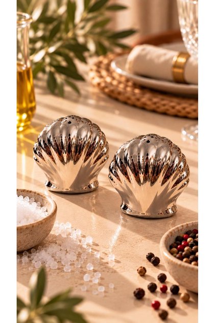Sea Shell Oyster Salt and Pepper Shakers Silver Set of 2