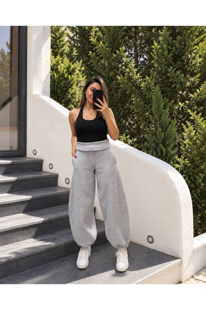 KADIN GRİ STOPERLİ BARREL FİT BAGGY EŞOFMAN ALTI-BOL KESİM RAHAT KALIP