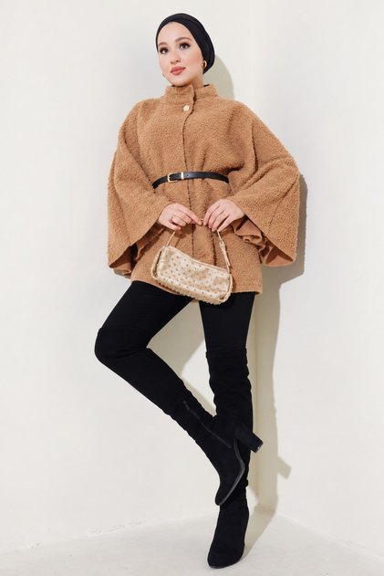 Women's Camel Boucle Poncho ♦ High Collar ♦ Belted ♦ Long Bat Sleeve ♦ Stylish Comfortable Daily Combination