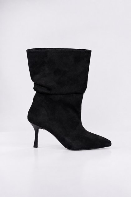 Liv - Black Suede Bellows Pointed Toe Thin Heeled Boots