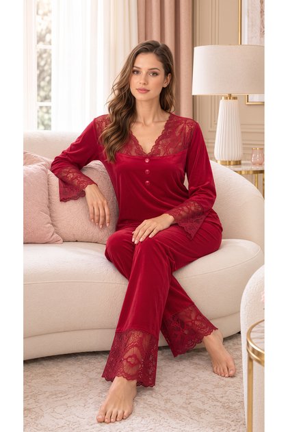 Kırmızı Yumuşak Dokulu, Şık ve Rahat Fransız Kadife Dantel Detaylı Kadın Pijama Takım