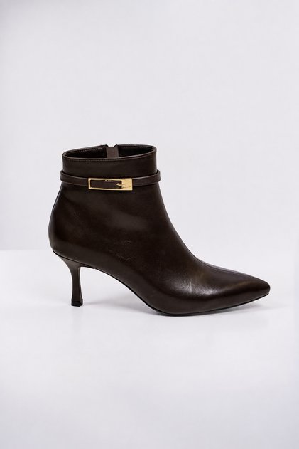 Livia - Women's Bitter Brown Pointed Toe Thin Heeled Short Boots with Gold Accessory Detail
