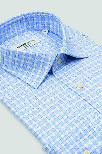 Bb Club Lima Twill 100% Cotton Regular Fit Light Blue Classic Collar Men's Checkered Shirt