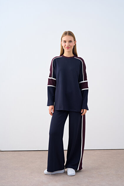 Women's Camisole Stripe Detail Crew Neck Pantsuit Navy Blue