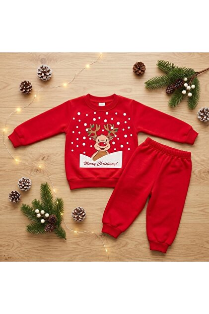 Set Trening de Crăciun Bebe 2 Piese: Bluză Roșie Călduroasă cu Ren în Zăpadă "Merry Christmas!" și Pantaloni Sport Asortați, Roșu Festiv