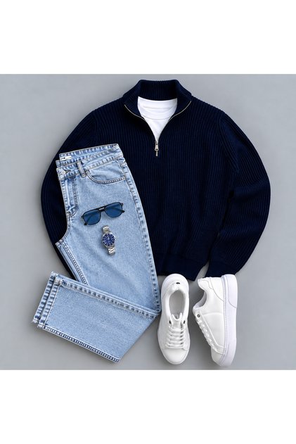 Knitted Sweater, Jeans, and T-Shirt 3-Piece Set Combination