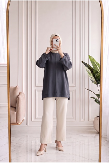 Belkıs Skirt and Sleeve Cuff Tunic-Mf1935 Anthracite