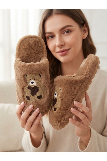 Teddy Pattern Women's House Slippers | Wool Plush Slippers | Embroidered Half-Closed Lightweight Non-Slip Sole