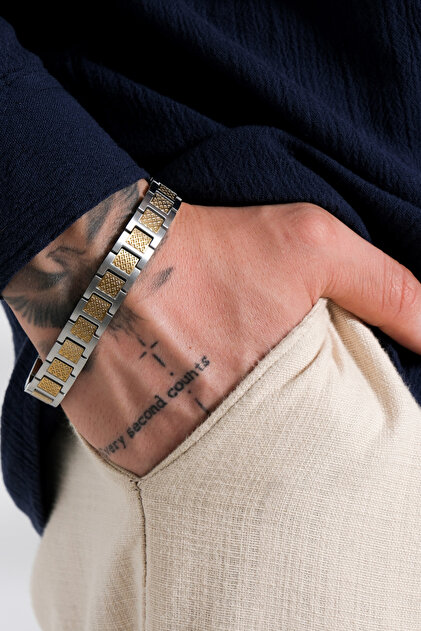 Sirvandar Silver-Gold Color Stainless Steel Geometric Pattern Watch Band Formed Men's Bracelet 11.5 mm