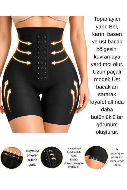 Kadın Yüksek Bel Uzun Paçalı Toparlayıcı Korse Şort 3 Kademeli Agraflı