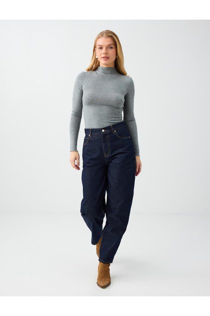 Dark Indigo Blue 100% Cotton High Waist Barrel Fit Denim Trousers